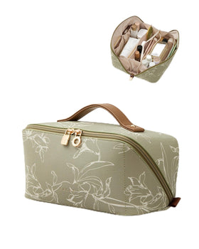 EACHY Travel Makeup Bag in green with floral design front view