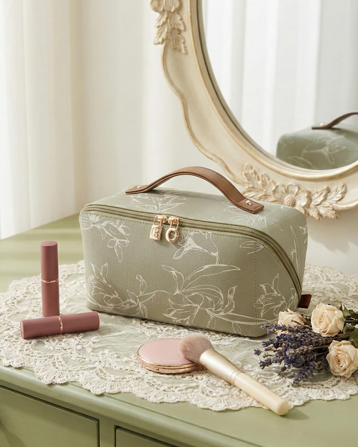 EACHY Travel Makeup Bag in lifestyle setting on vanity