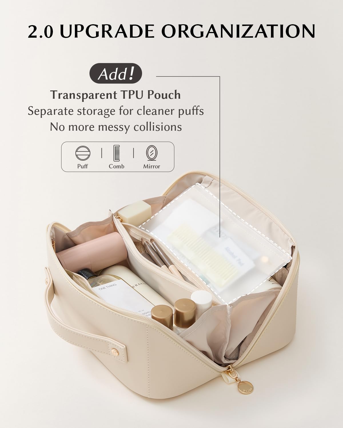 EACHY Travel Makeup Bag laid flat with makeup items