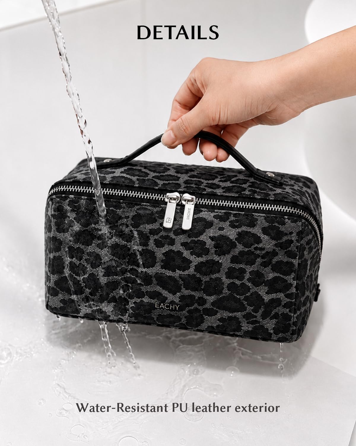 EACHY Travel Makeup Bag Leopard Print open showing compartments