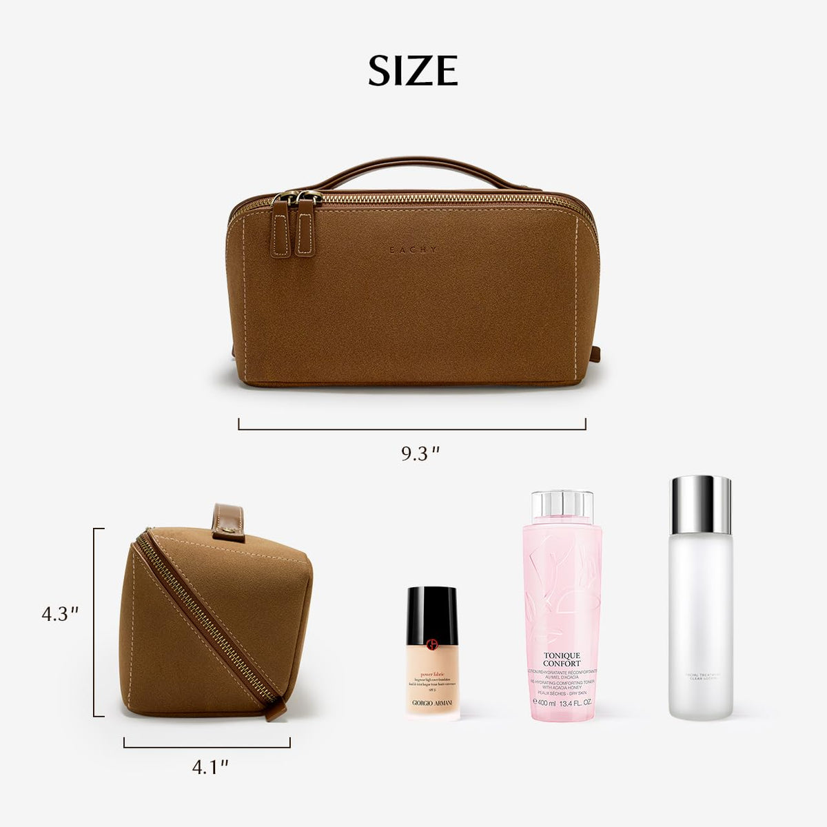 EACHY Travel Makeup Bag lifestyle scene on a vanity