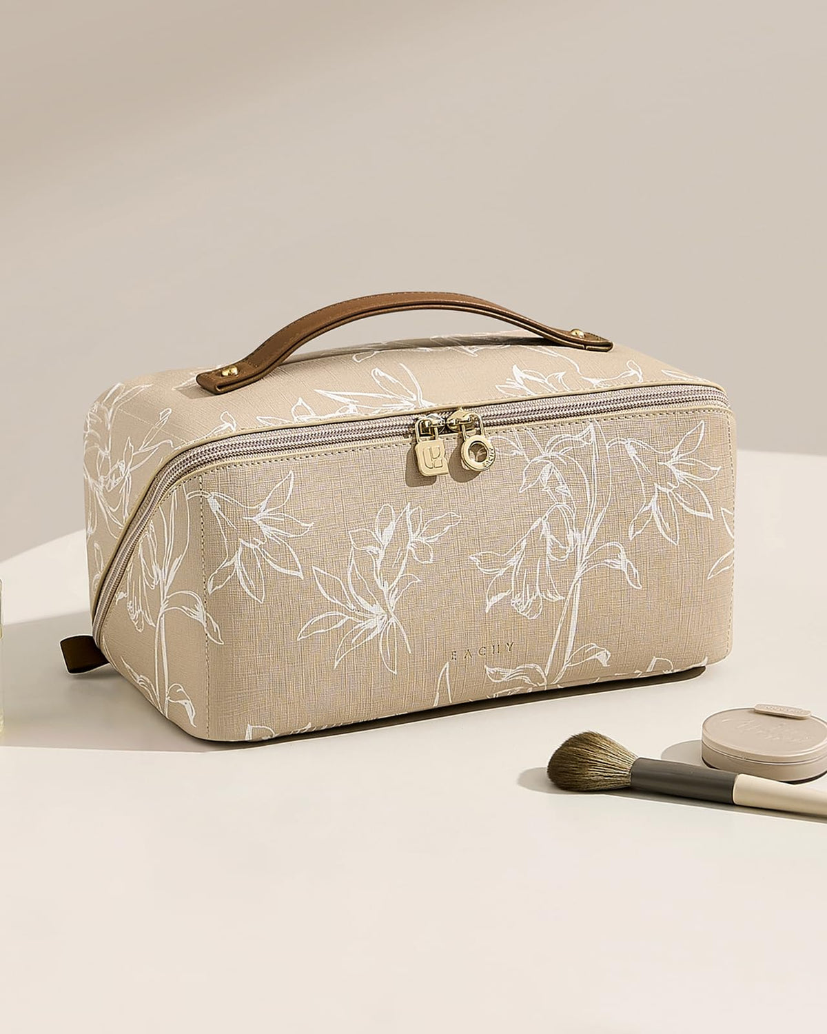 EACHY Travel Makeup Bag lifestyle scene on a vanity