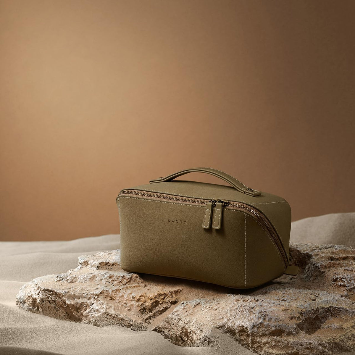 EACHY Travel Makeup Bag lifestyle scene on bathroom counter