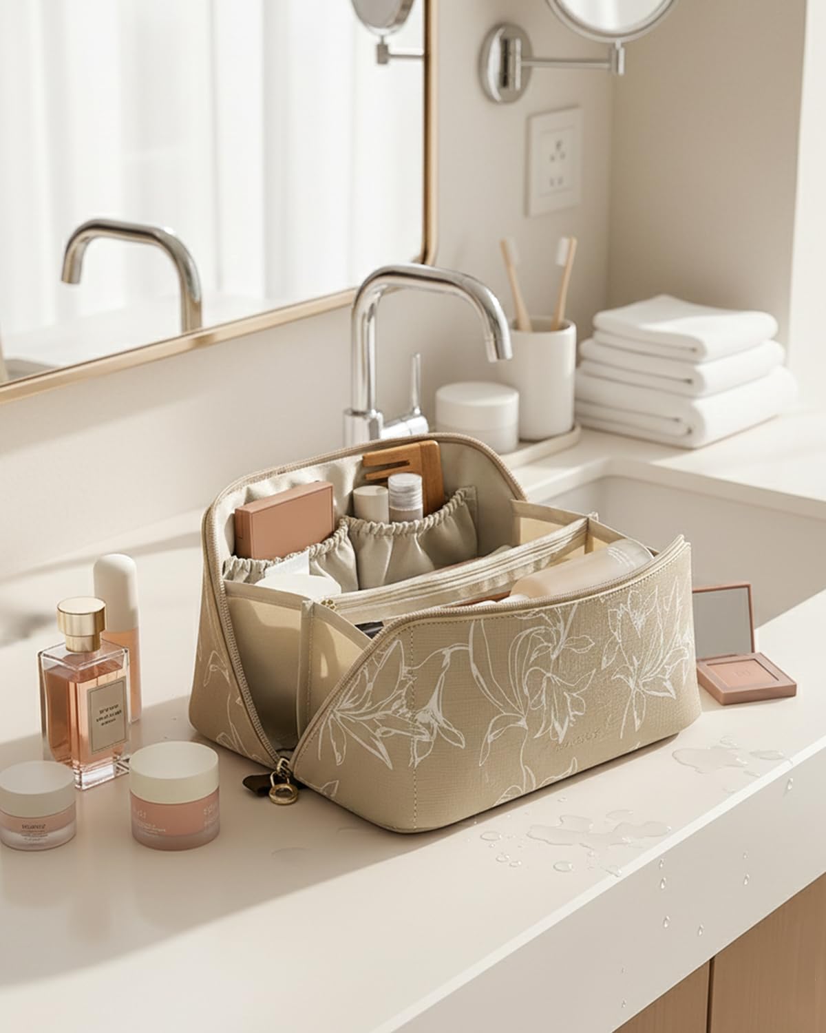EACHY Travel Makeup Bag lifestyle shot with cosmetics