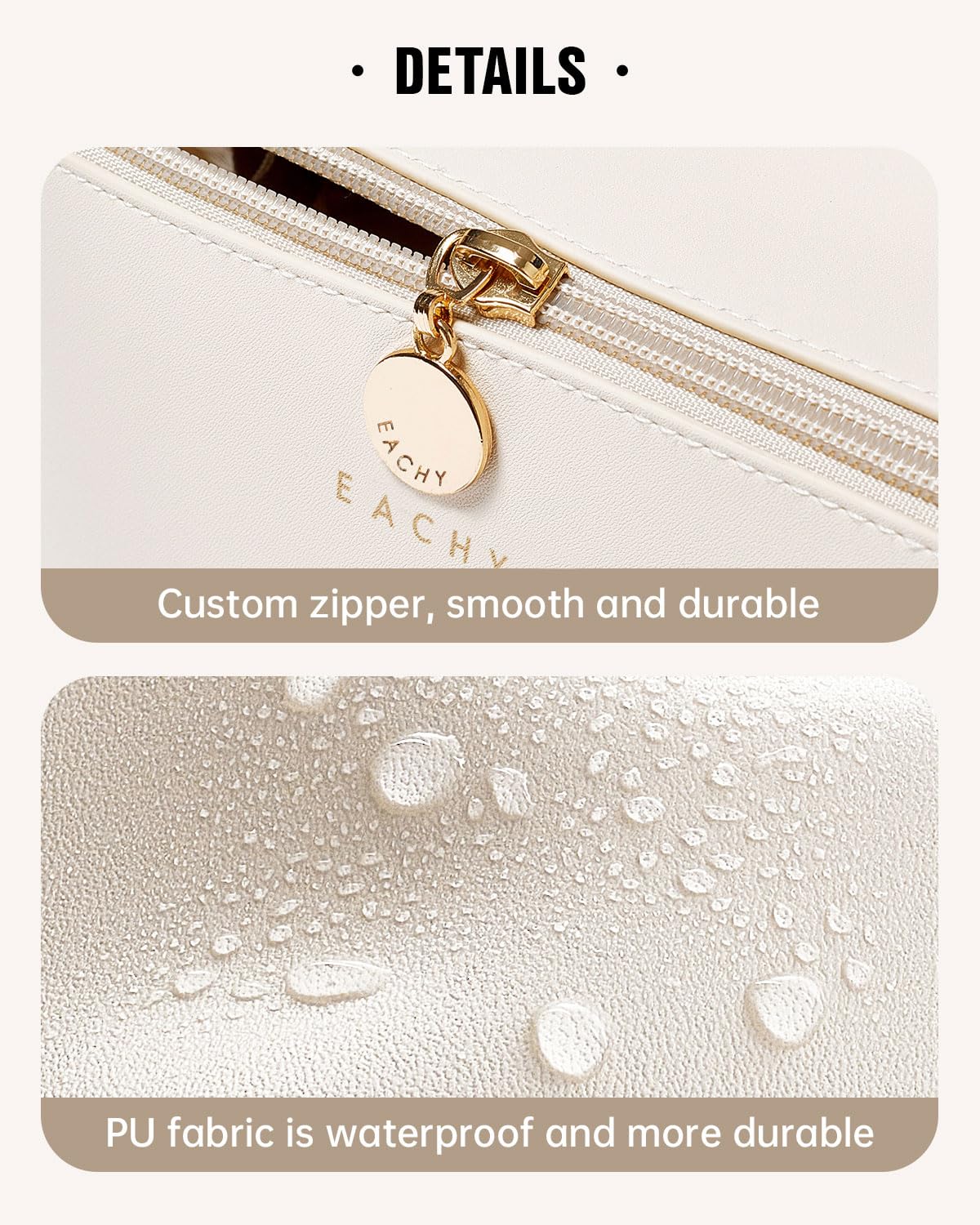 EACHY Travel Makeup Bag on bathroom counter with toiletries