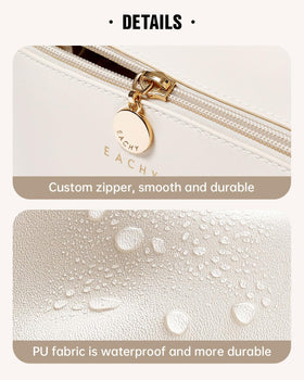EACHY Travel Makeup Bag on bathroom counter with toiletries