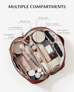 EACHY Travel Makeup Bag open-flat design showcasing interior organization
