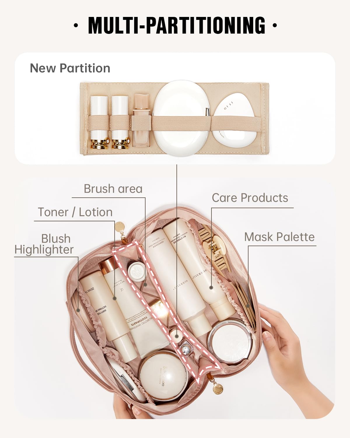 EACHY Travel Makeup Bag open-flat design showing contents