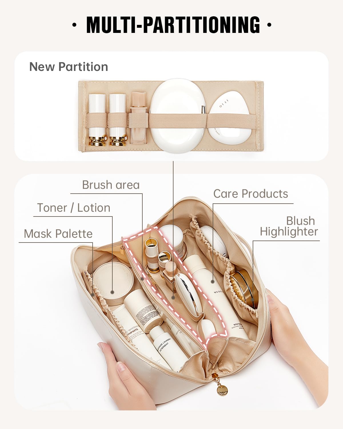 EACHY Travel Makeup Bag open-flat design showing interior