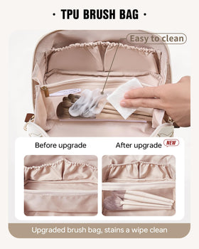 EACHY Travel Makeup Bag open flat displaying cosmetics inside