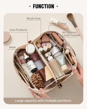 EACHY Travel Makeup Bag open flat showing compartments