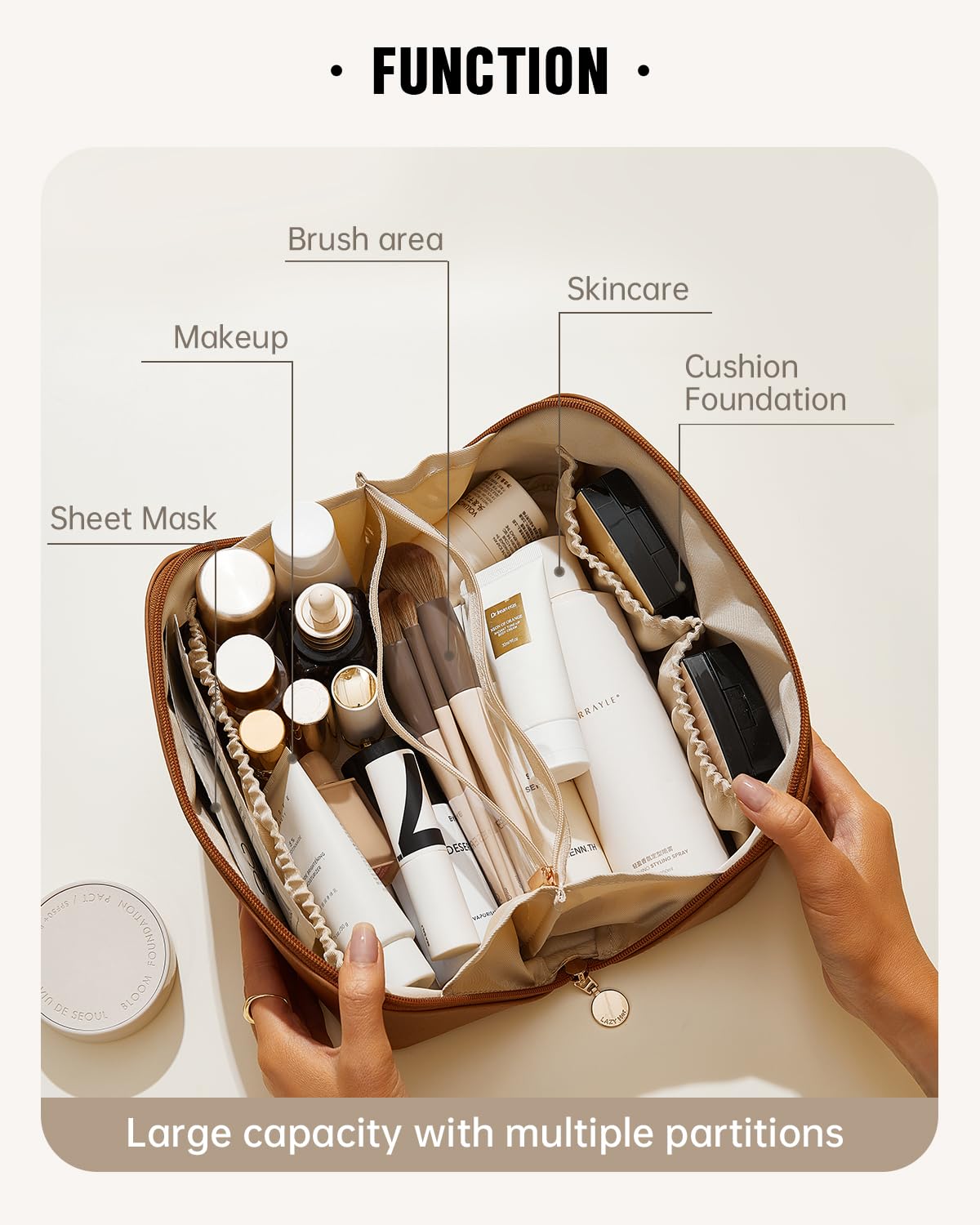 EACHY Travel Makeup Bag open flat showing interior compartments