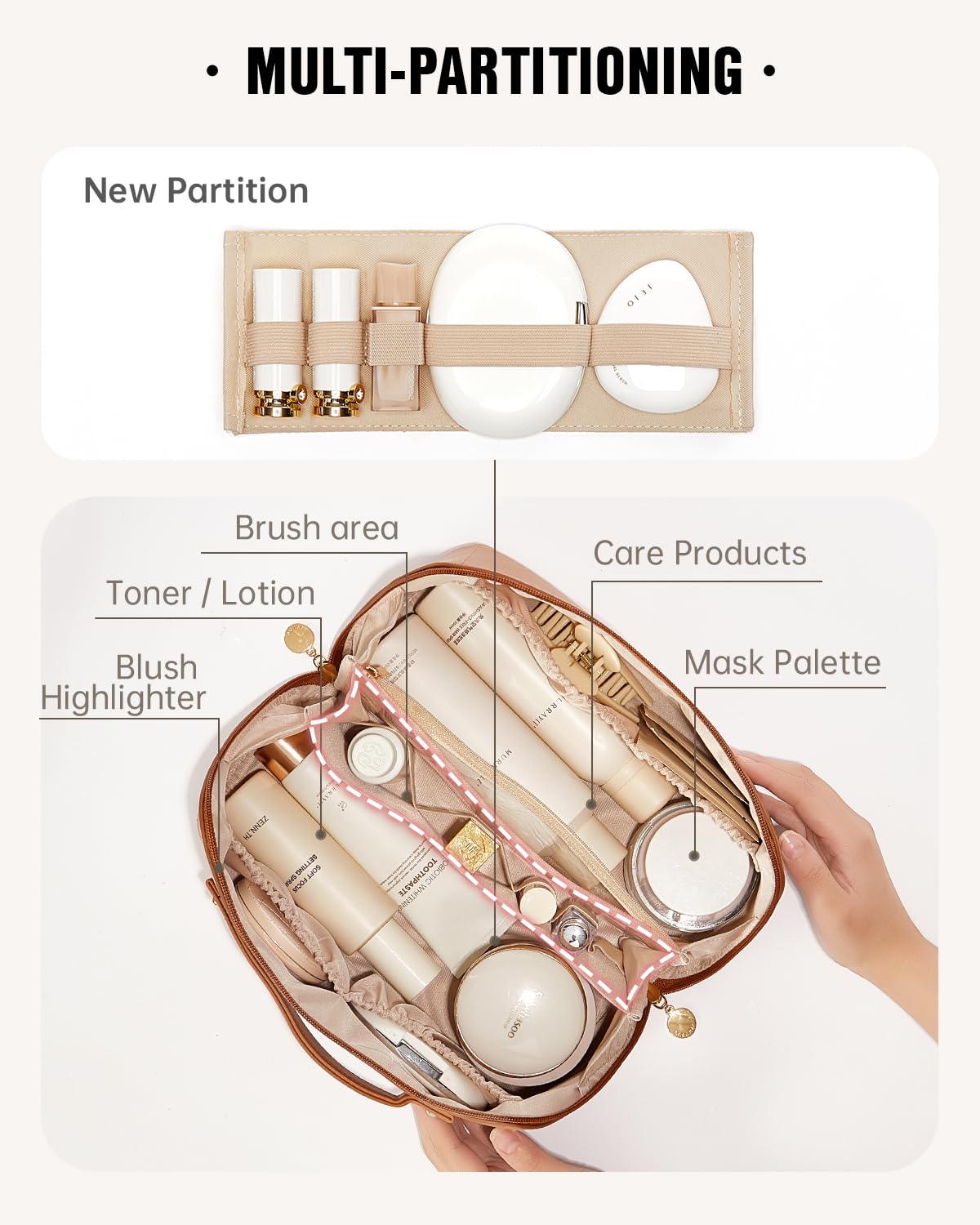 EACHY Travel Makeup Bag open flat showing interior compartments