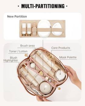 EACHY Travel Makeup Bag open flat showing interior compartments