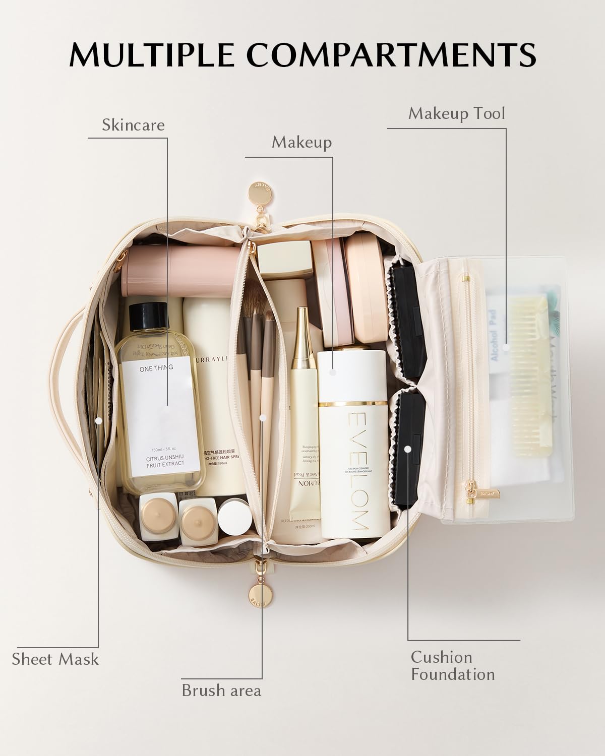 EACHY Travel Makeup Bag open showing compartments