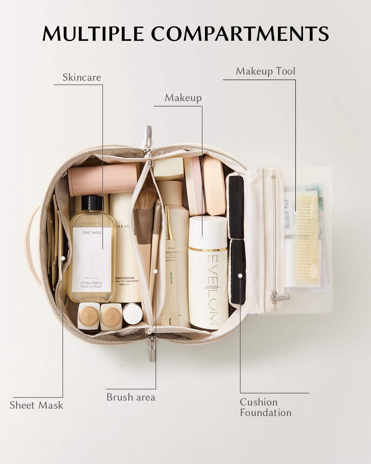 EACHY Travel Makeup Bag open showing compartments and organization