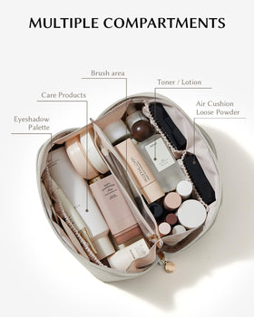 EACHY Travel Makeup Bag open showing inner pockets