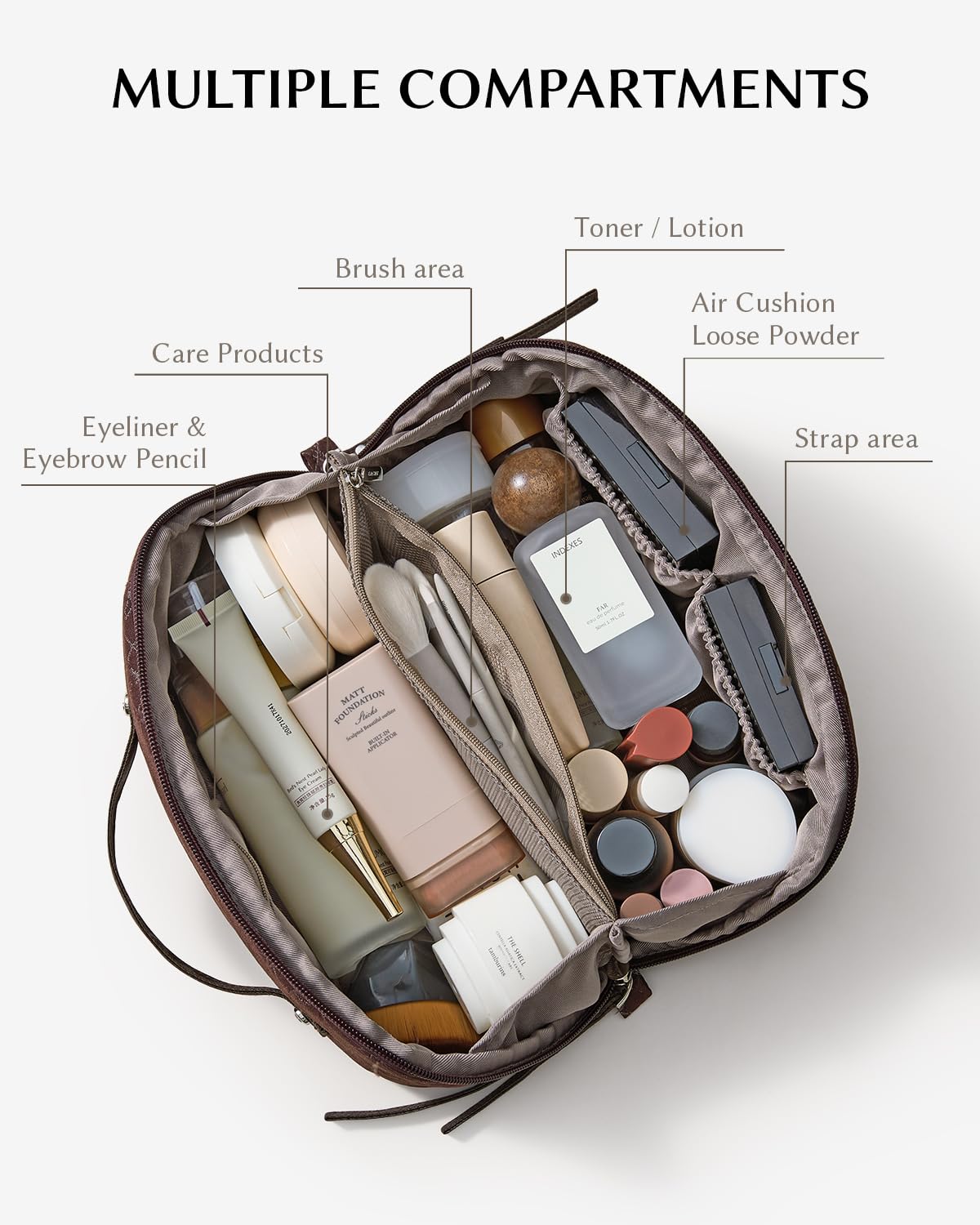 EACHY Travel Makeup Bag open showing inner pockets