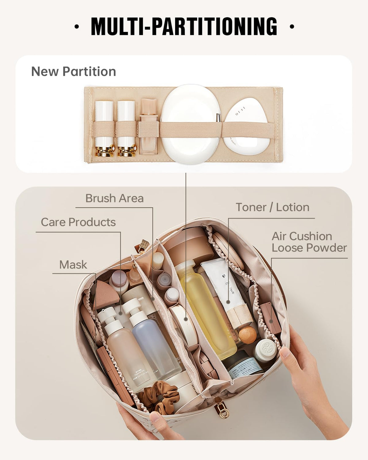 EACHY Travel Makeup Bag open showing interior compartments