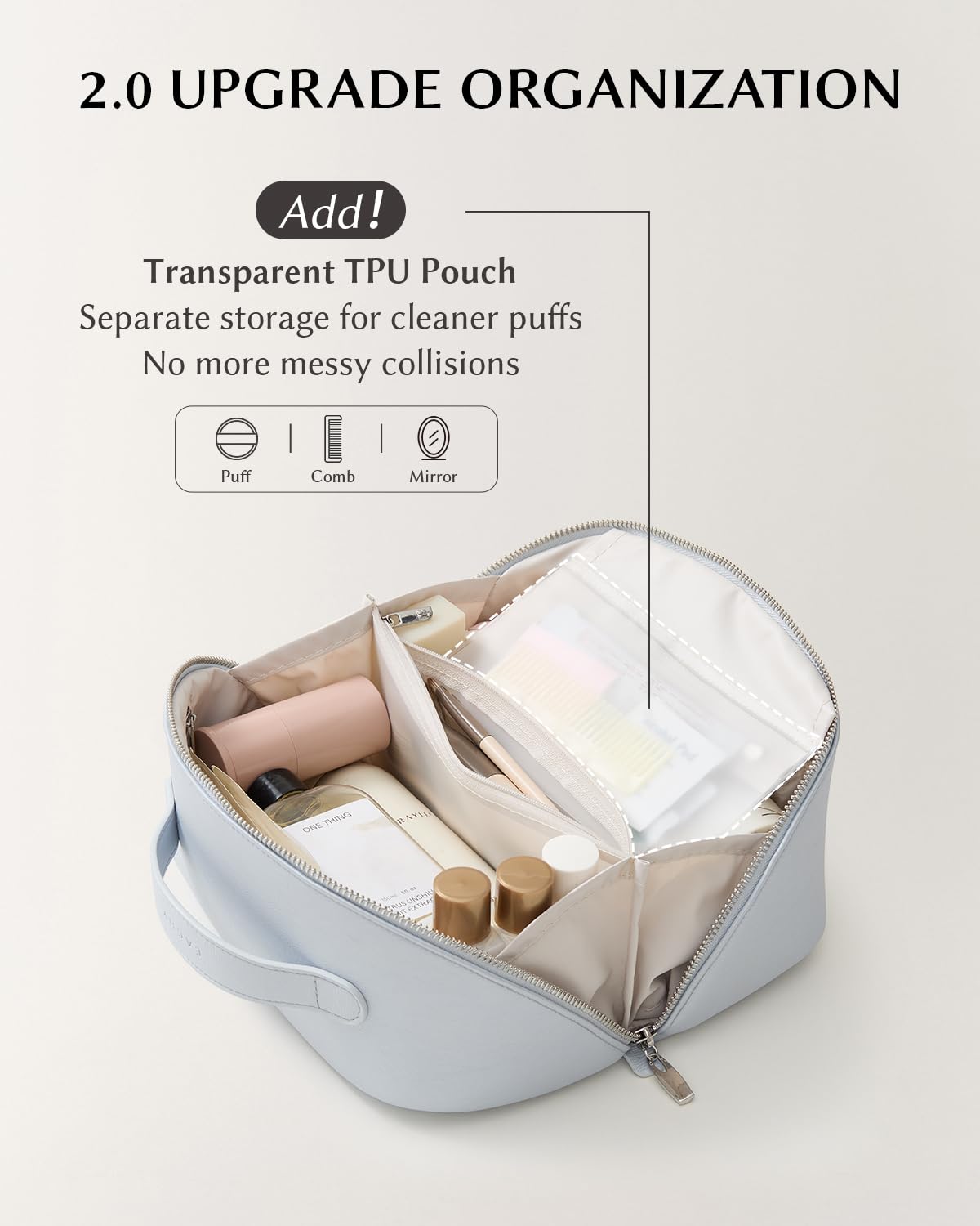 EACHY Travel Makeup Bag opened flat with cosmetics inside