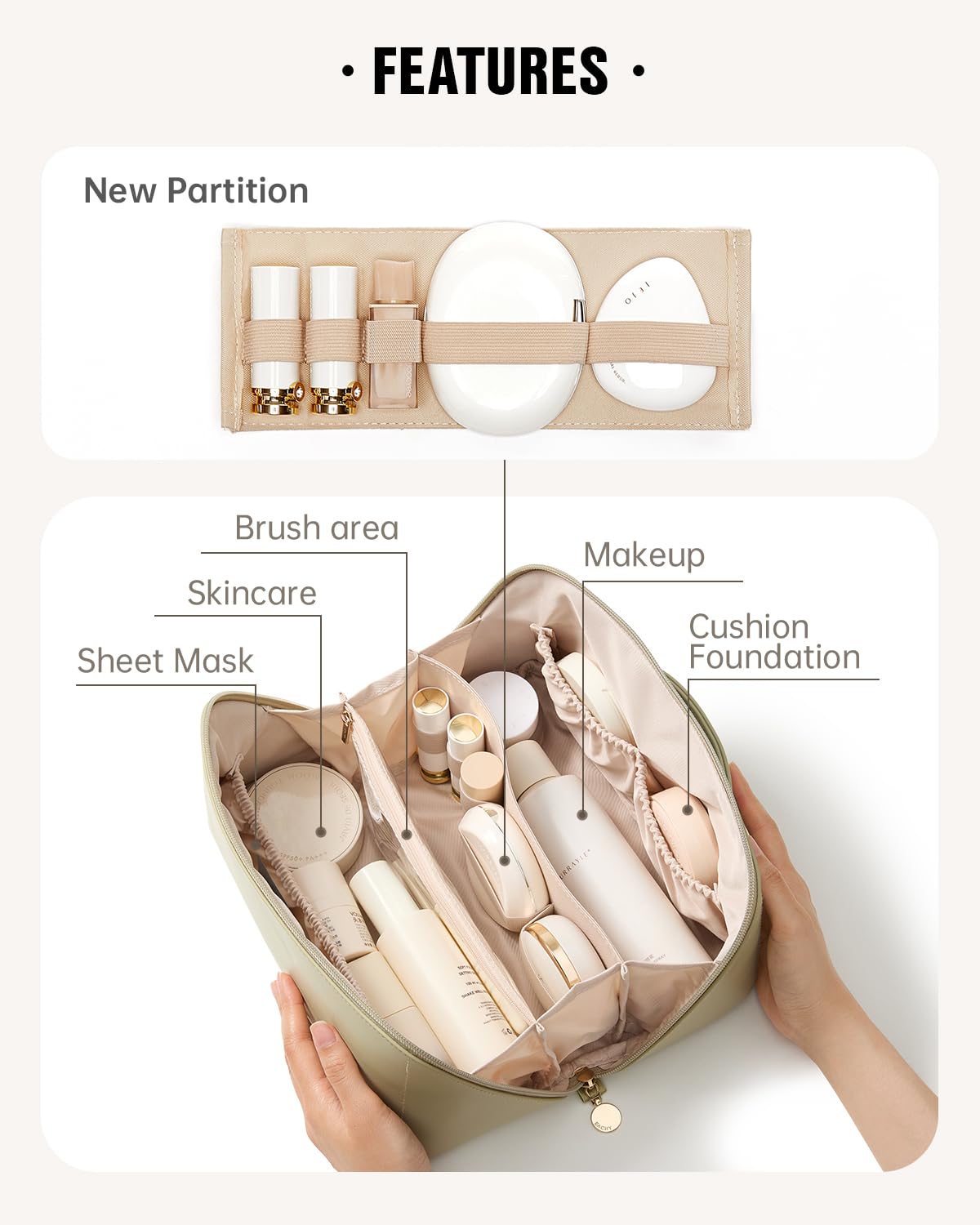 EACHY Travel Makeup Bag opened showing inner pockets and organization