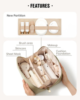 EACHY Travel Makeup Bag opened showing inner pockets and organization