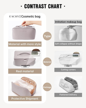 EACHY Travel Makeup Bag purple flat open view with cosmetics