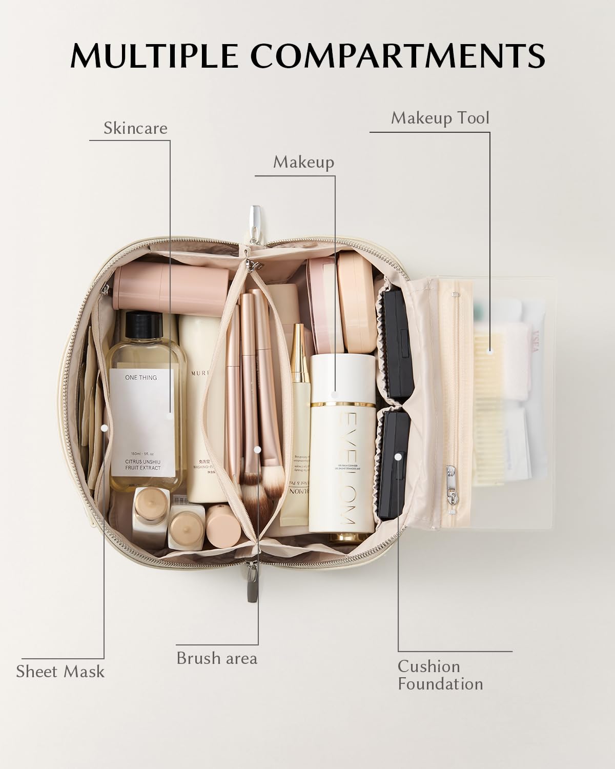 EACHY Travel Makeup Bag showing double TPU brush compartments