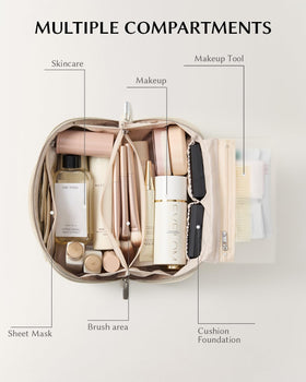 EACHY Travel Makeup Bag showing double TPU brush compartments