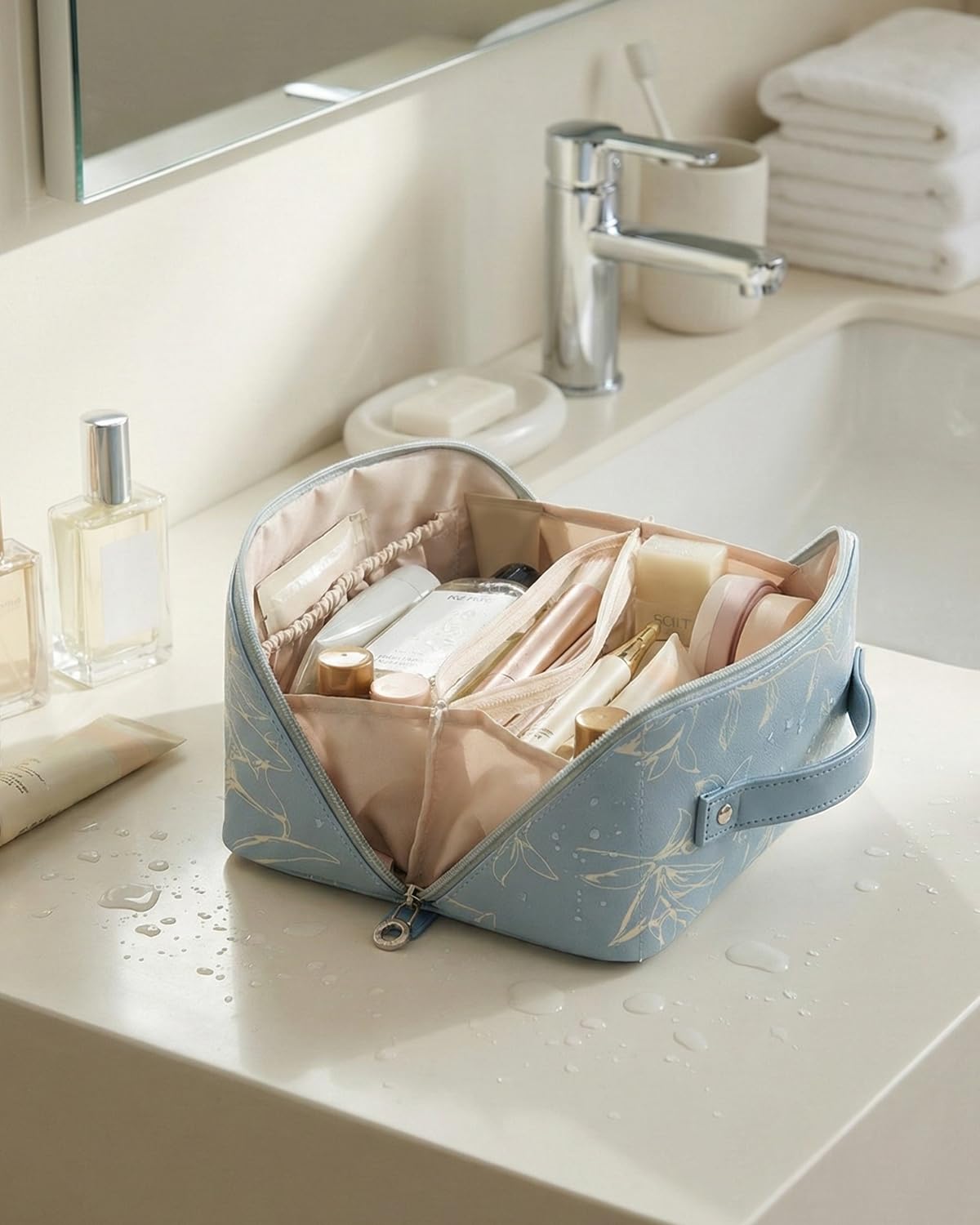 EACHY Travel Makeup Bag showing multiple side pockets
