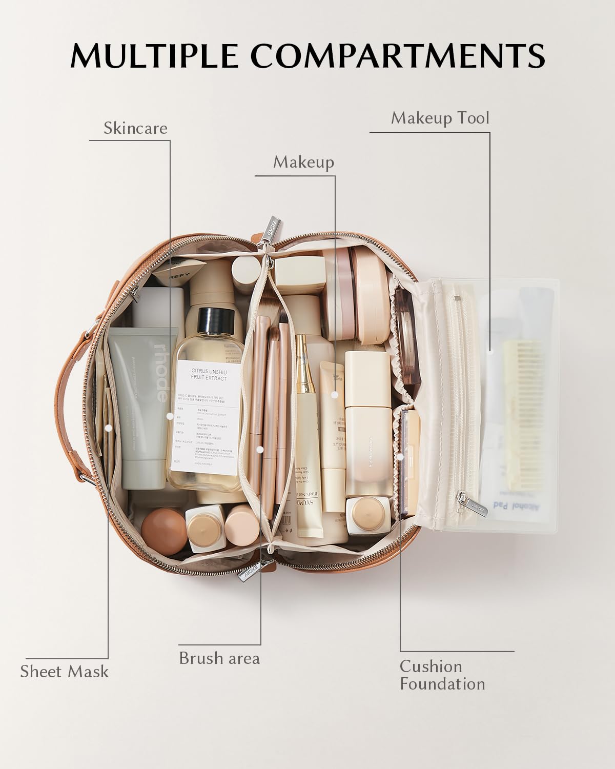 EACHY Travel Makeup Bag showing waterproof brush pouch inside