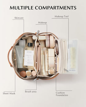 EACHY Travel Makeup Bag showing waterproof brush pouch inside