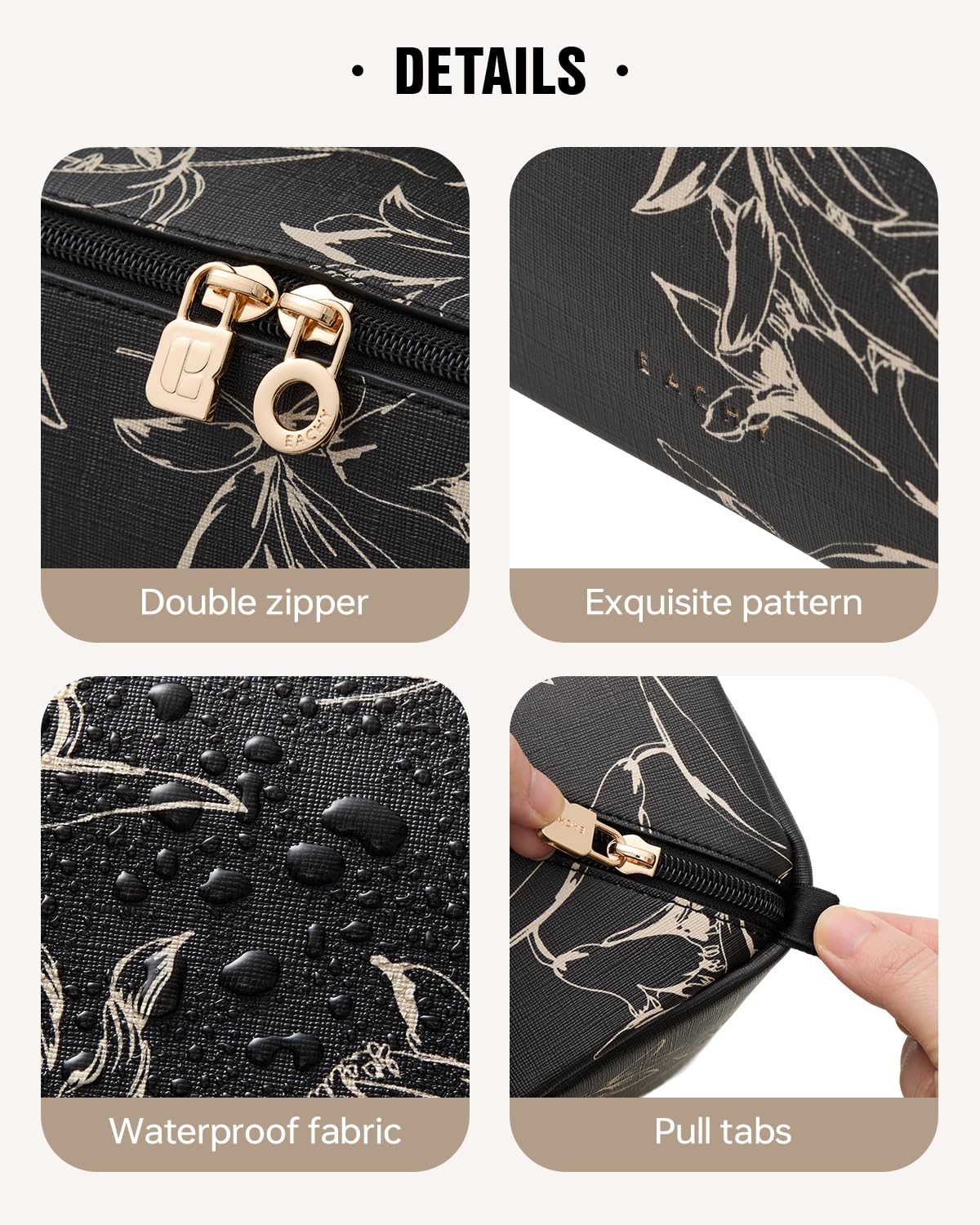 EACHY Travel Makeup Bag showing waterproof material