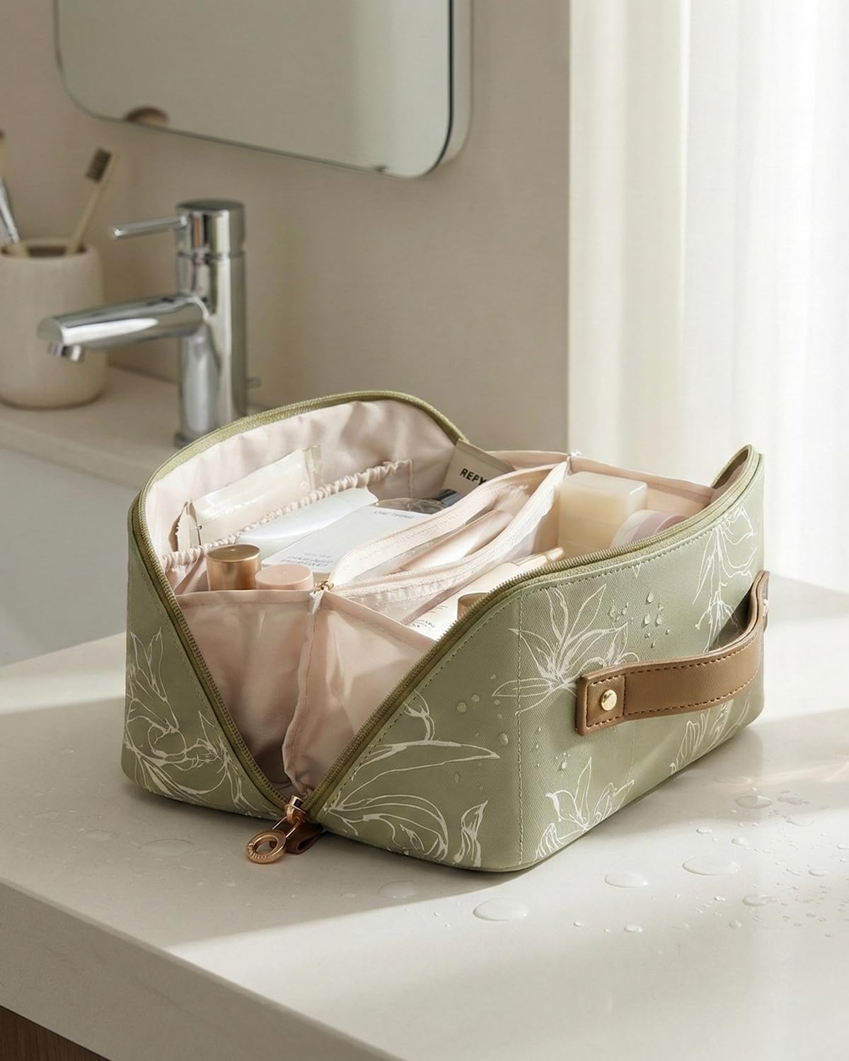 EACHY Travel Makeup Bag showing waterproof material