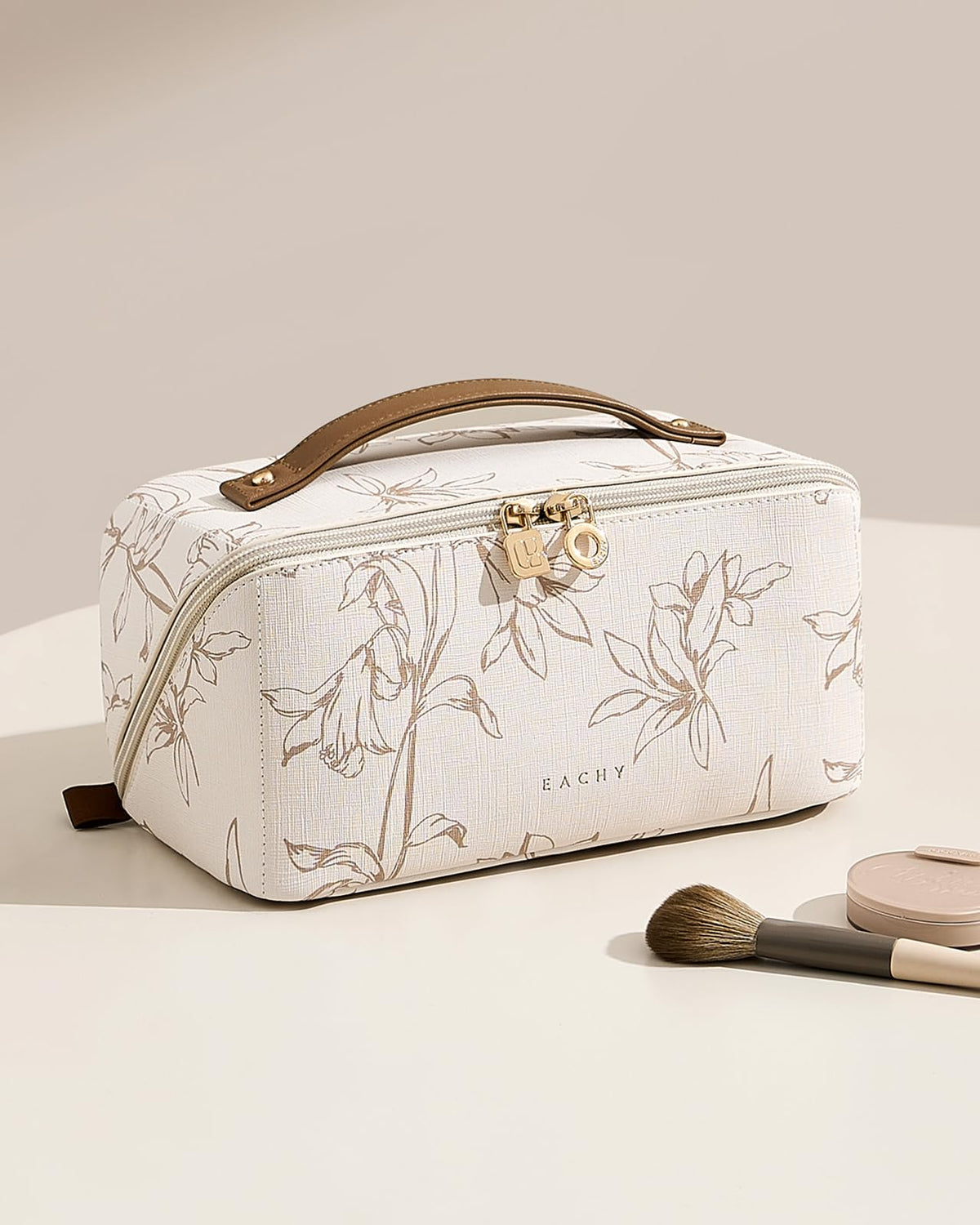 EACHY Travel Makeup Bag showing waterproof PU leather texture