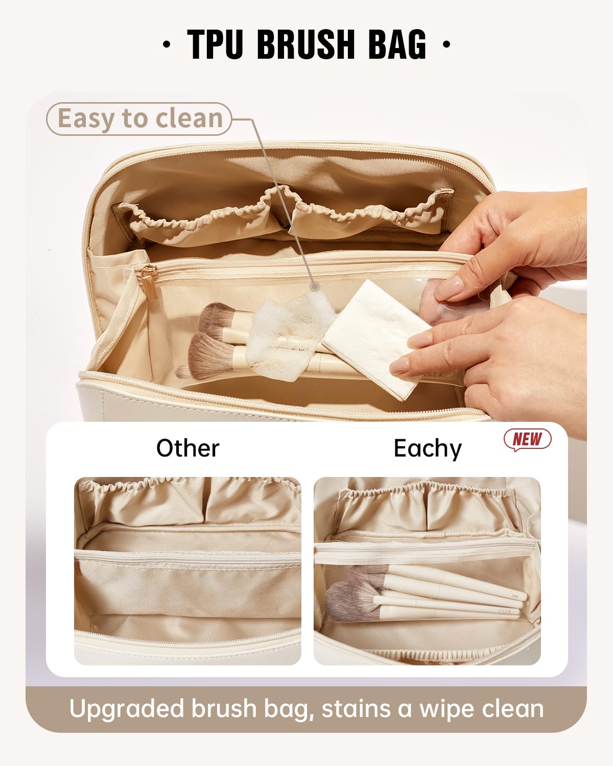 EACHY Travel Makeup Bag side view displaying PU leather texture