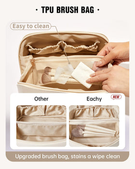 EACHY Travel Makeup Bag side view displaying PU leather texture