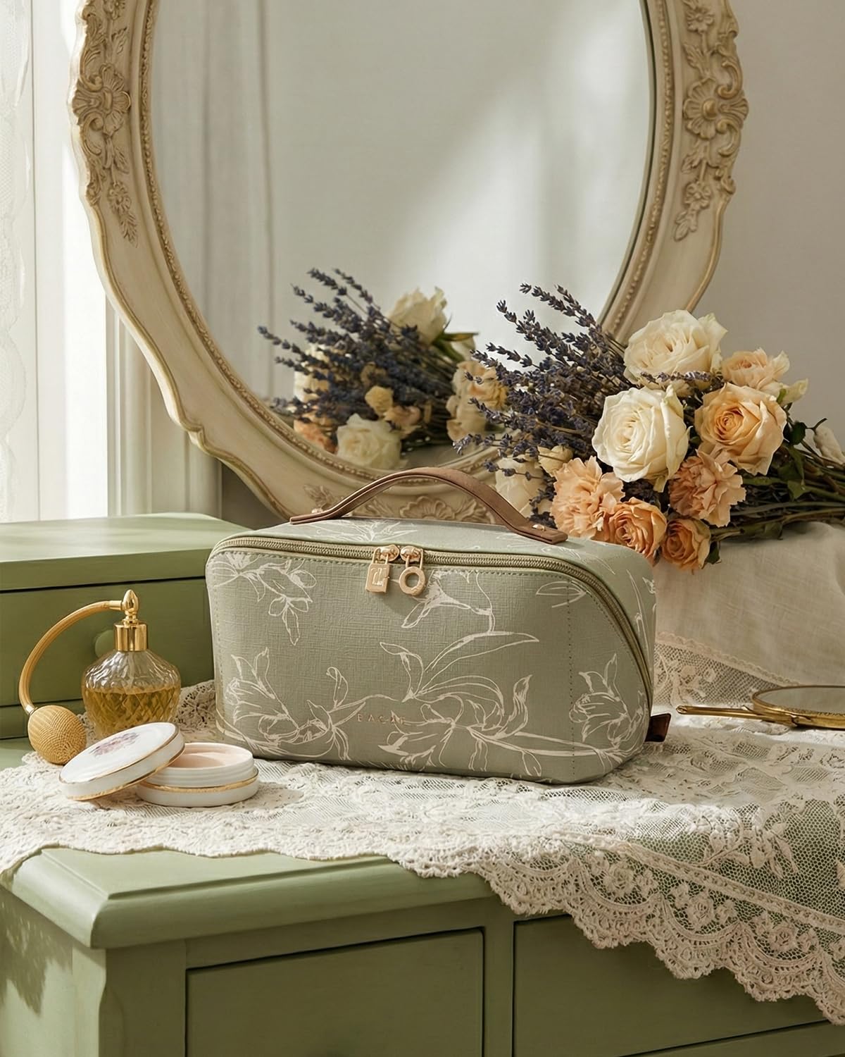 EACHY Travel Makeup Bag side view showing multiple pockets