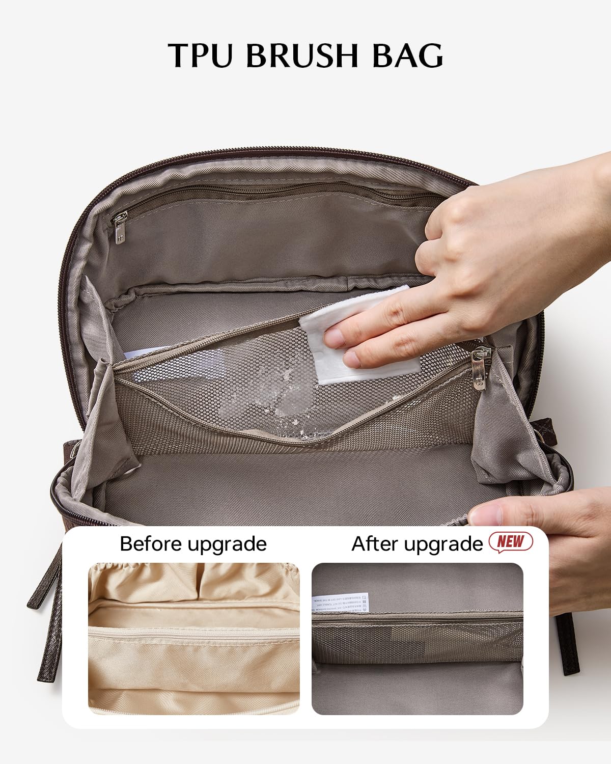 EACHY Travel Makeup Bag side view with clear brush compartment