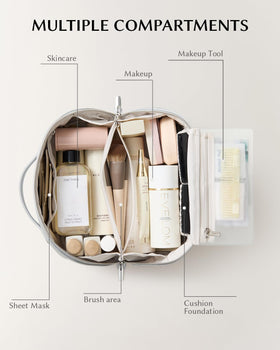 EACHY Travel Makeup Bag Silver opened flat revealing compartments