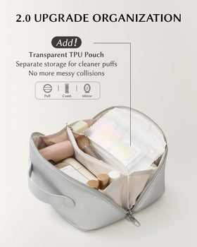 EACHY Travel Makeup Bag Silver with clear TPU compartment for brushes