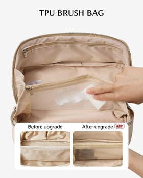 EACHY Travel Makeup Bag with brushes and cosmetics inside