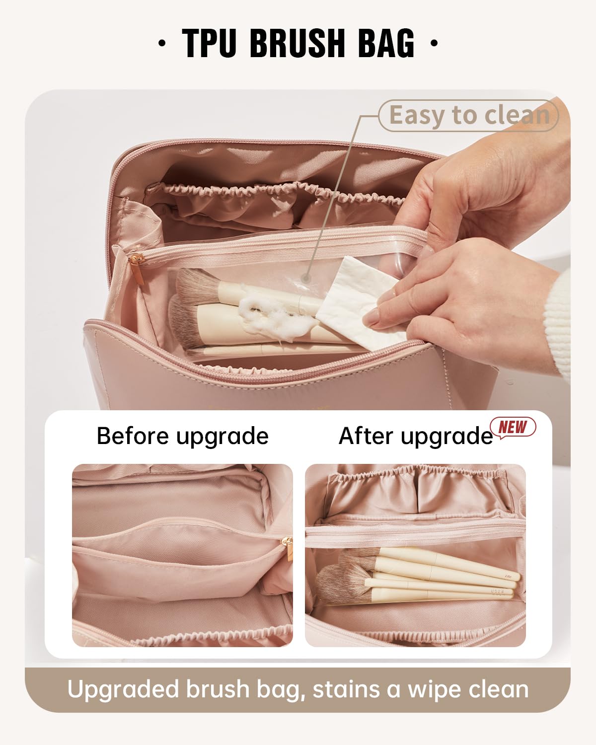 EACHY Travel Makeup Bag with brushes in waterproof compartment