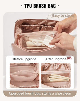 EACHY Travel Makeup Bag with brushes in waterproof compartment