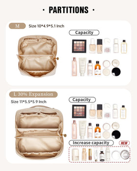 EACHY Travel Makeup Bag with full-size skincare bottles inside
