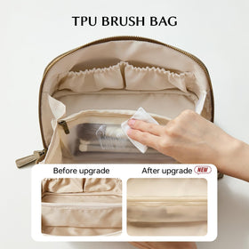 EACHY Travel Makeup Bag with makeup brushes in clear TPU compartment