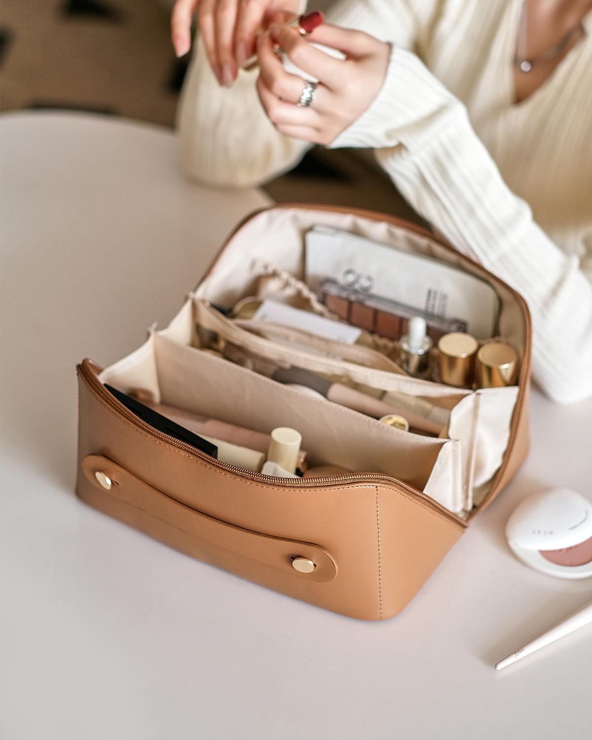 EACHY Travel Makeup Bag with toiletries and skincare products