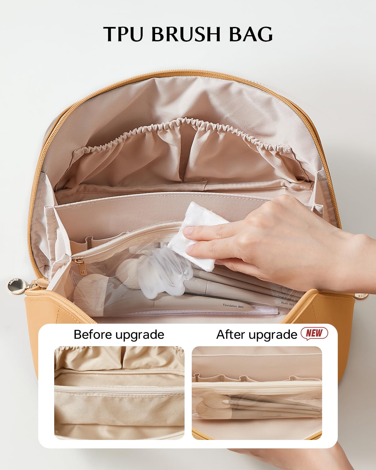 EACHY Travel Makeup Bag yellow side view with zipper