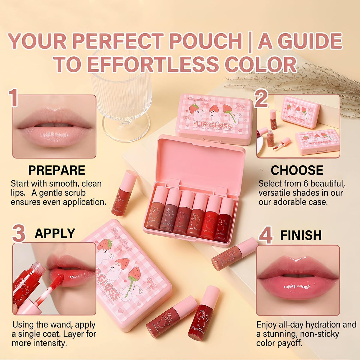 Eakroo lip gloss tubes with a soft focus background