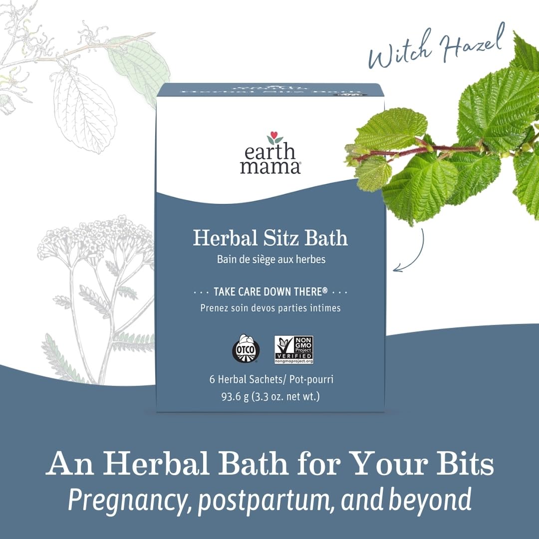 Earth Mama Herbal Sitz Bath ingredients on a wooden table